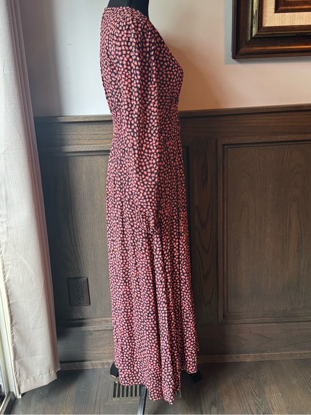 Leith navy, red, pink Floral Long Sleeve V-Neck Midi Dress small - Picture 6 of 11